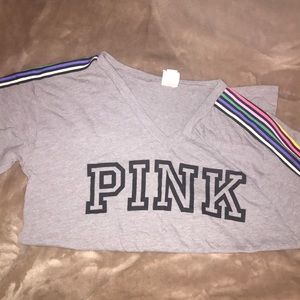 PINK grey T-shirt with rainbow stripes!